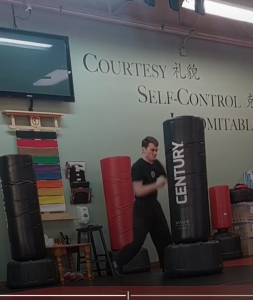 Teen instructor Mr. Robertson throwing a strong punch at a heavy bag during a Kung Fu training session, demonstrating focus and power.