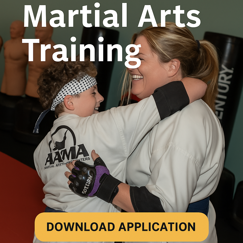 Mother and child in martial arts uniforms smiling at American Academies of Martial Arts