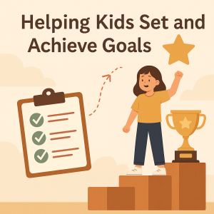 Children practicing martial arts goal setting, standing proudly on a podium with a checklist and trophy, symbolizing achievement and confidence through Kung Fu training.